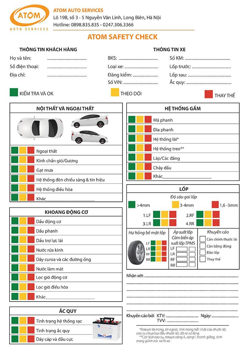 Mẫu phiếu đánh giá và kiểm tra tình trạng xe tại ATOM Premium Auto Services
